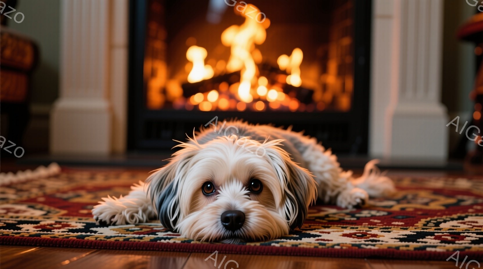 白と茶色のふわふわした犬が、赤い模様のカーペットの上に横たわっています。犬はカメラに向かって穏やかな表情で目を向け、リラックスした雰囲気です。背景には暖炉があり、燃え盛る炎が温かい光を放っています。 - AI生成フリー素材