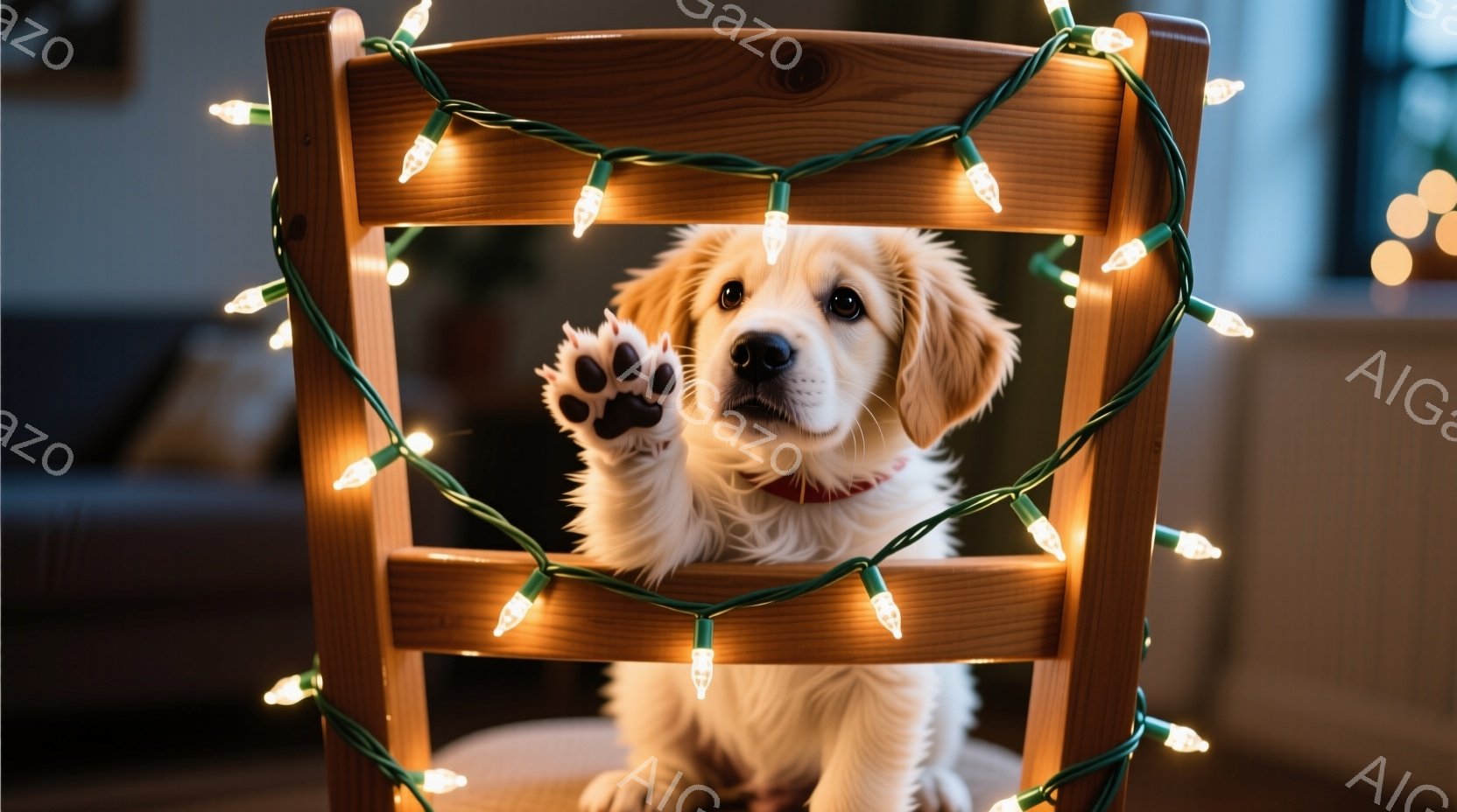 明るい木の椅子に、ふわふわのクリーム色のパピーが座っています。片方の前足を上げて、カメラに向かって手を振っているような可愛らしいポーズをとっています。背景にはぼやけた部屋の一部が見え、暖かく穏やかな雰 - AI生成フリー素材