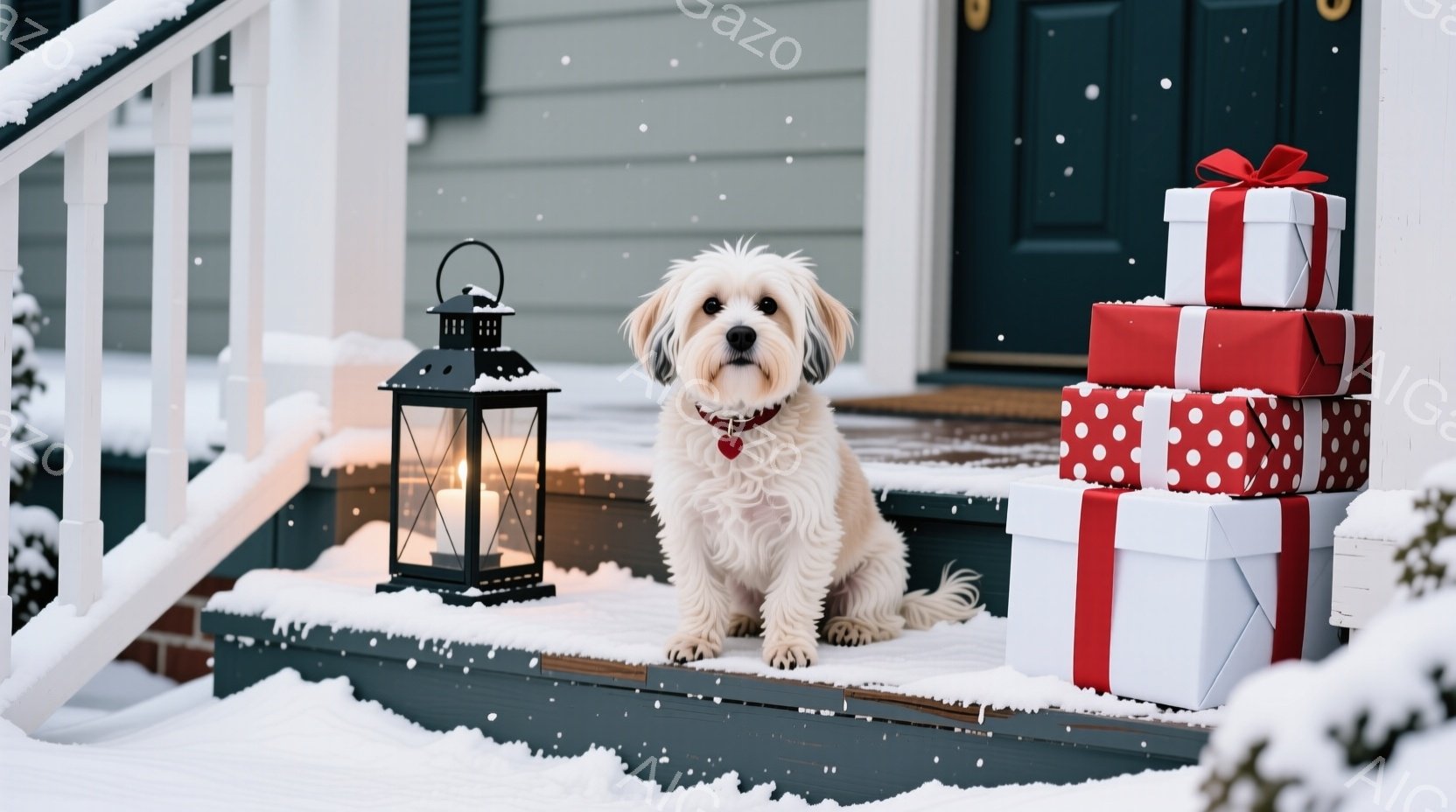 白いふわふわの犬が雪に覆われた家のポーチの階段に座っています。赤い首輪をつけており、穏やかな表情で正面を見ています。背景には、クリスマスのプレゼントの山と、光るランタンがあり、雪が舞う冬の暖かい雰囲気 - AI生成フリー素材