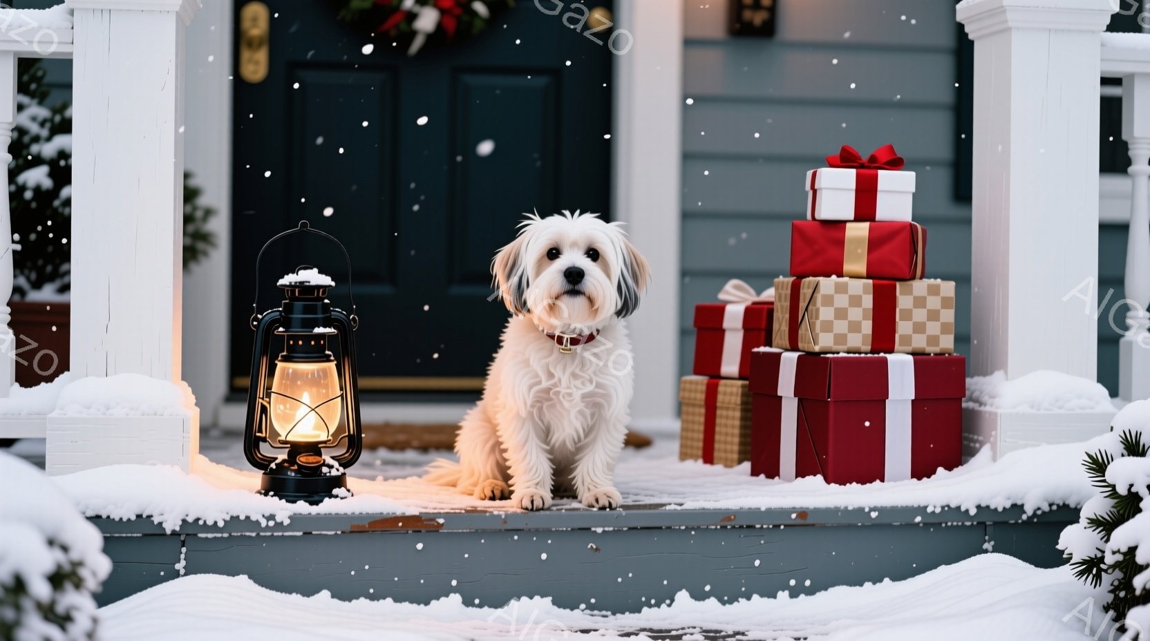 白い毛並みの小型犬が、クリスマスのプレゼントの山とオイルランプの間に座っています。雪が降り積もり、家の玄関の階段は白く覆われ、暖かく、お祝いの雰囲気を作り出しています。犬はカメラに向かってまっすぐ見つめ、リラックスした表情で、冬のホリデーシーズンを象徴する穏やかなシーンです。
