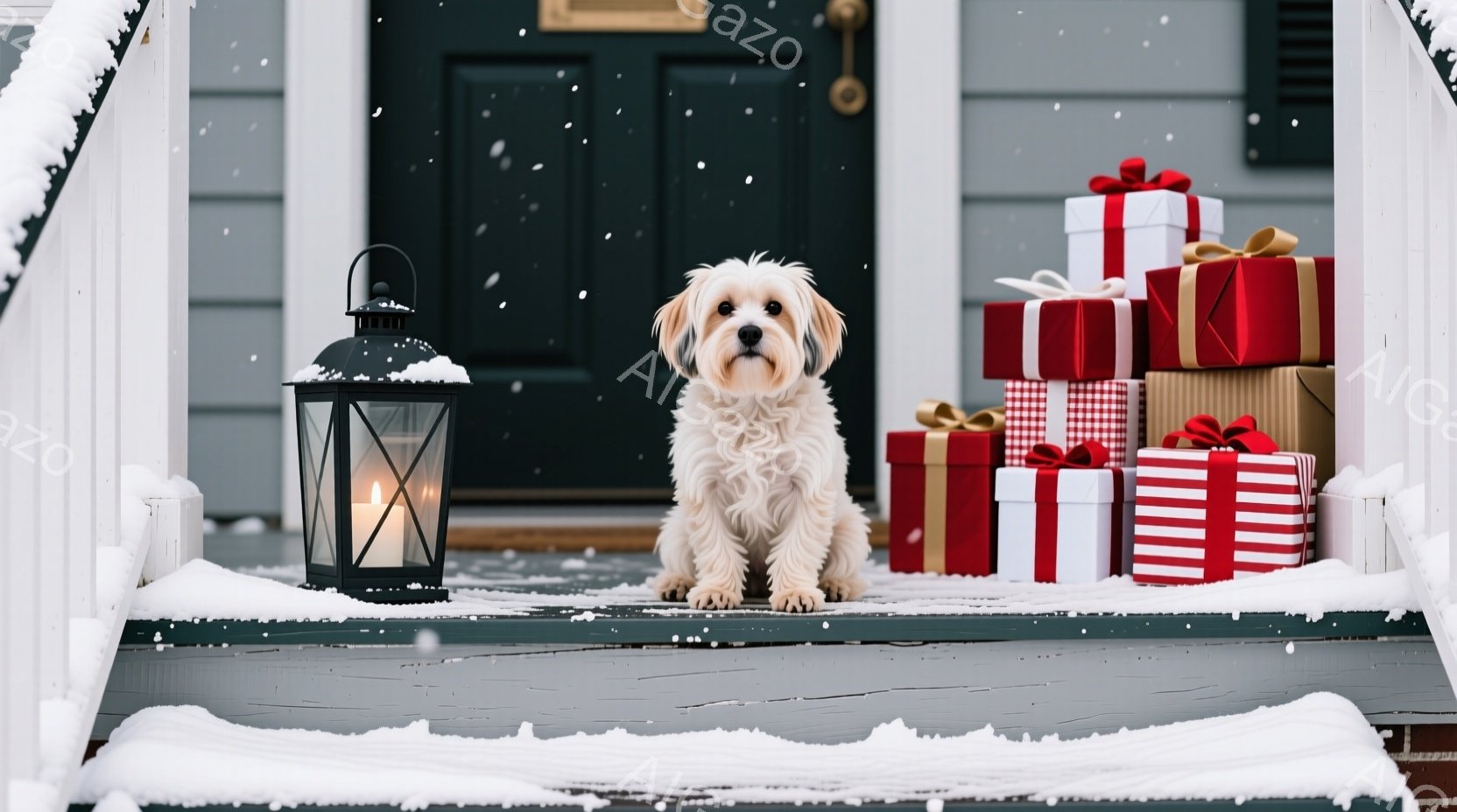 白い毛並みの小型犬が、雪で覆われた家の玄関のステップに座っています。背後には、赤や白のストライプ、または無地の包装紙で包まれたプレゼントの山が積み上げられ、クリスマスの雰囲気を醸し出しています。暗い色 - AI生成フリー素材