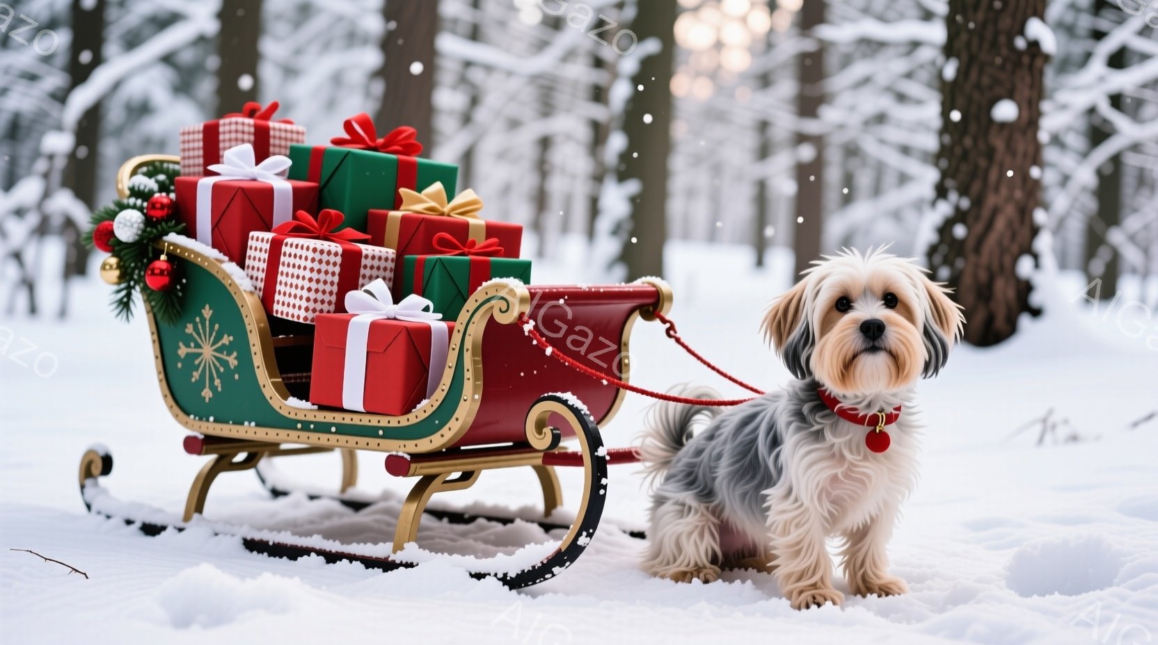 白と灰色の毛並みの小型犬が雪の上に立っており、赤いそりにたくさんのカラフルなプレゼントが積まれています。犬は赤い首輪をつけており、少し横を向いてこちらを見ているようです。背景には雪に覆われた木々が広が - AI生成フリー素材