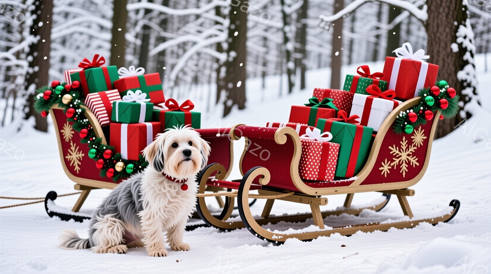 白とグレーの毛並みを持つ小さな犬が雪の上に座り、赤い装飾が施されたソリの前にいます。ソリには緑、赤、金色の包装紙で包まれた様々な大きさのプレゼントが山積みにされており、緑色の飾り付けが施されています。 - AI生成フリー素材