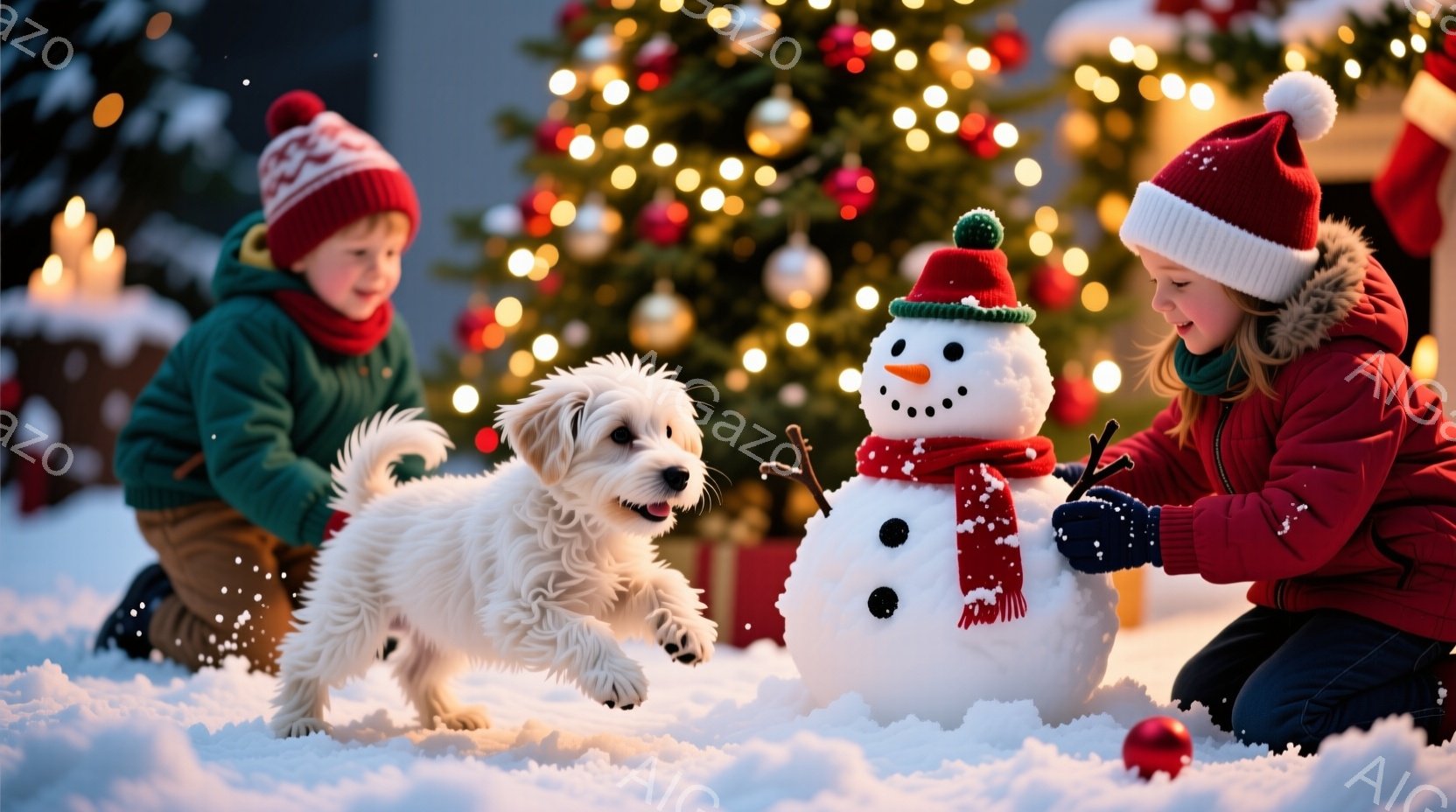 雪景色の中で、幼い少年と少女が雪だるまを作っています。少年は赤い帽子をかぶり緑色のジャケットを着て、雪だるまの腕を設置するのを手伝っています。少女は赤いジャケットと帽子をかぶり、雪だるまに炭で目と口を - AI生成フリー素材