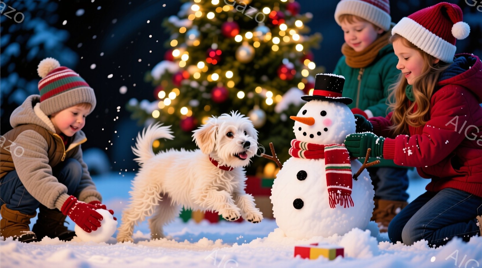 雪景色の中で、少年と少女が雪だるまを作っています。少年は赤い帽子と茶色のジャケットを着て、雪玉を握りしめ、楽しそうに笑っています。少女は赤い帽子とジャケットを着て、雪だるまの腕を付けています。背景には - AI生成フリー素材