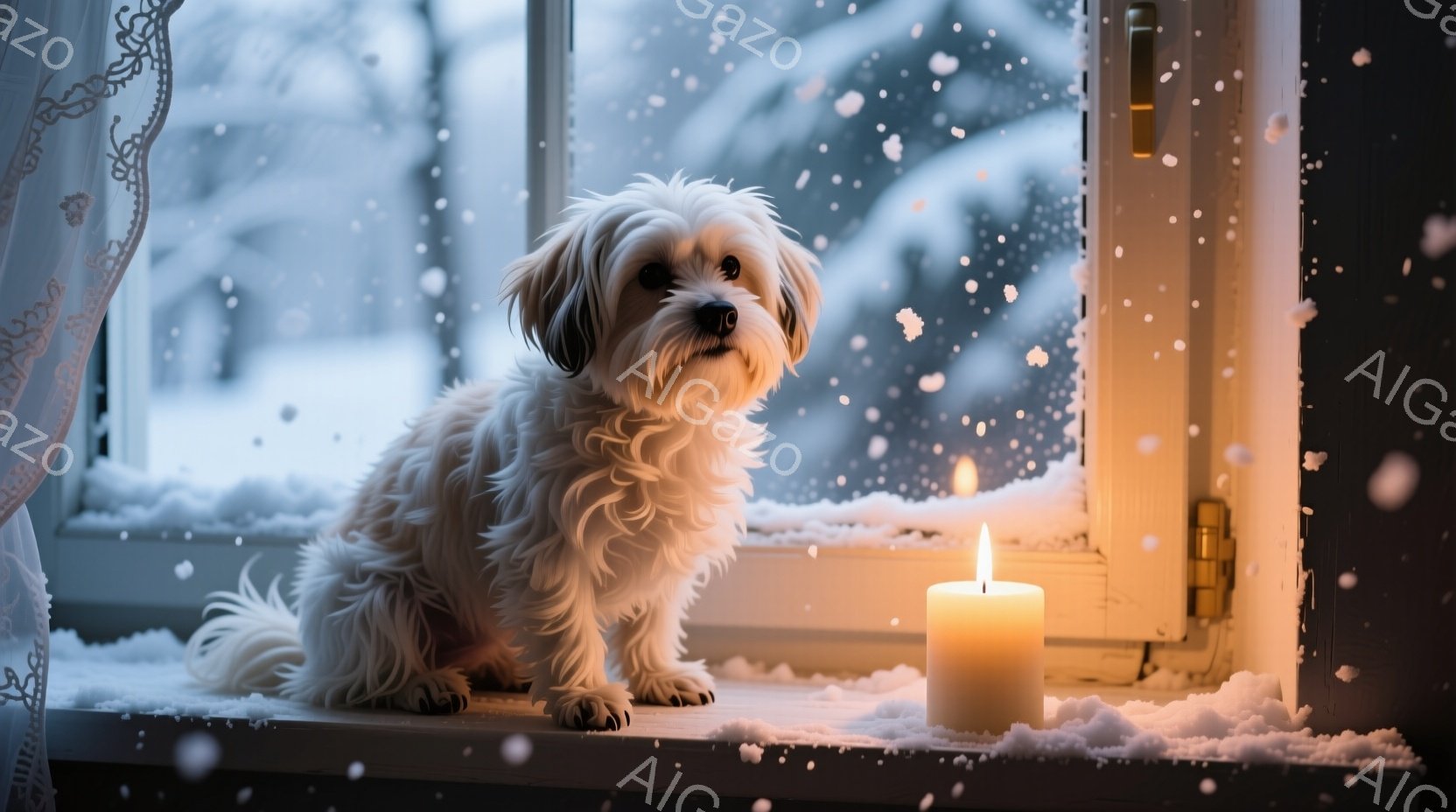 白い毛並みの小型犬が窓辺に座り、外を眺めています。窓の外は雪景色で、窓枠には雪が積もり、暖かそうなキャンドルが灯っています。温かく穏やかな雰囲気で、冬の静けさの中に包まれた、犬の愛らしい姿が印象的です - AI生成フリー素材