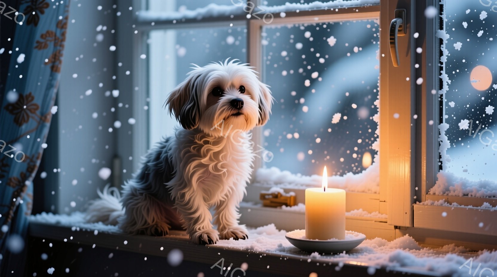 白い毛並みの小型犬が、雪の降る窓辺に座って外を見つめている。窓枠には白いキャンドルが灯されており、優しい光が犬を照らしている。背景は雪景色で、暖かく穏やかな冬の雰囲気が漂っている。 - AI生成フリー素材
