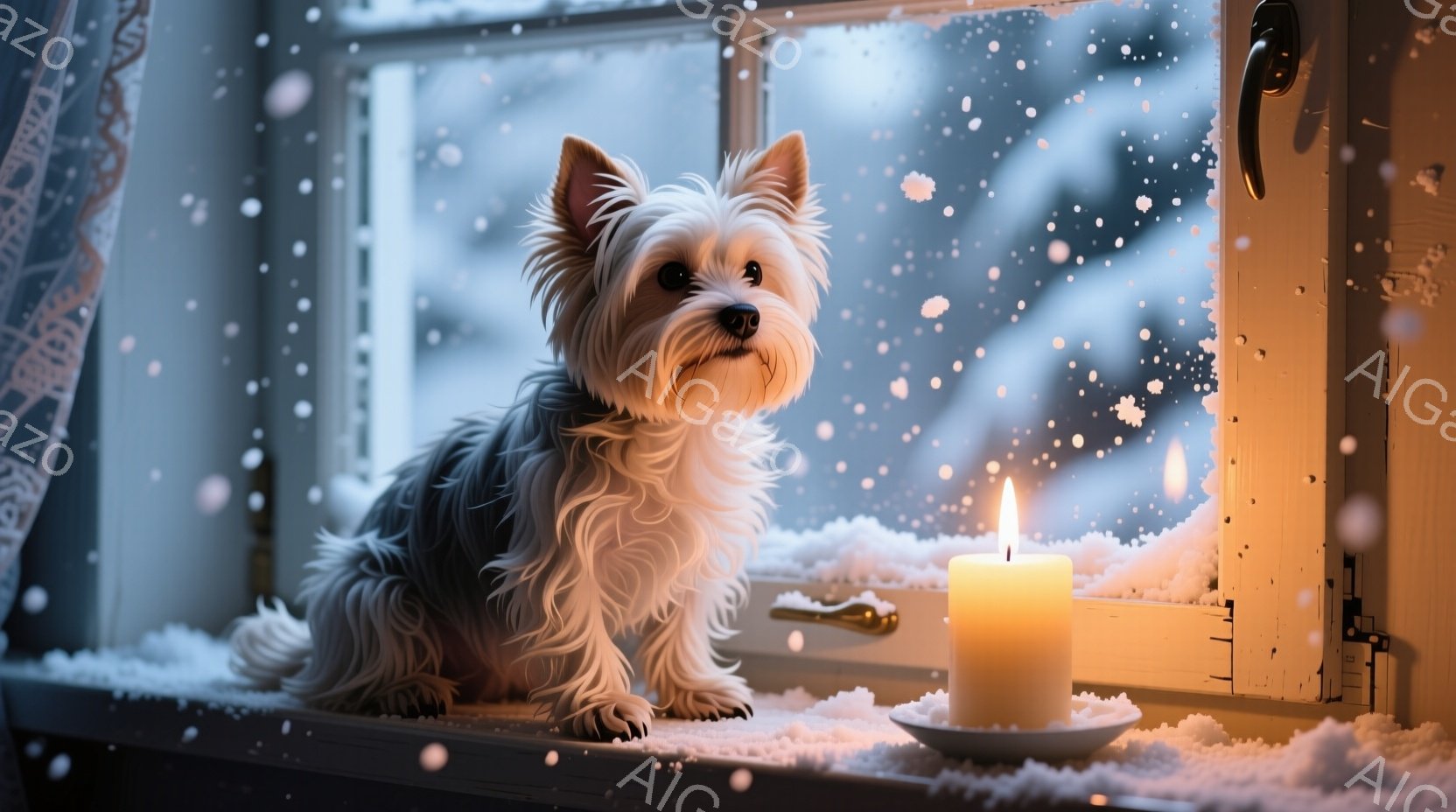 白い窓枠に、ふわふわの毛並みを持つテリア犬が座っています。外は雪が降り積もり、犬は暖かく光るキャンドルの灯を見つめています。全体的に穏やかで、冬の暖かさと安らぎを感じさせる雰囲気です。