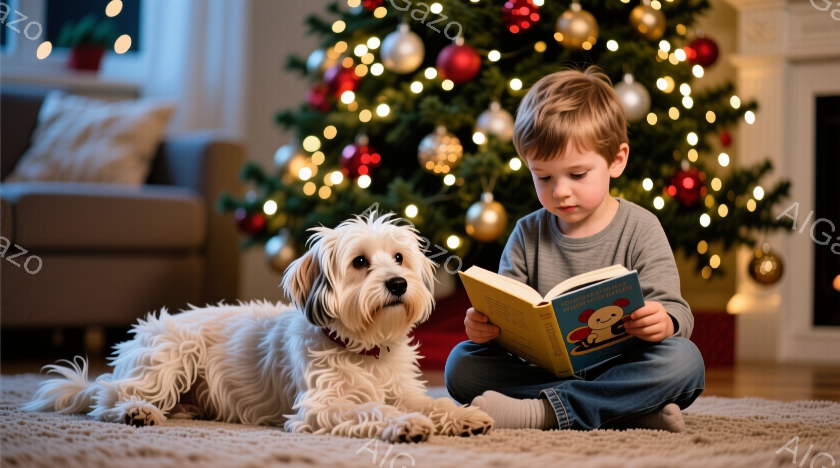少年はカーペットの上に座り、膝の上に絵本を開いて読んでいる。彼は濃い茶色の髪をしており、真剣な表情で本に集中している。背景にはクリスマスツリーが飾られ、暖かく家庭的な雰囲気が漂っている。 - AI生成フリー素材