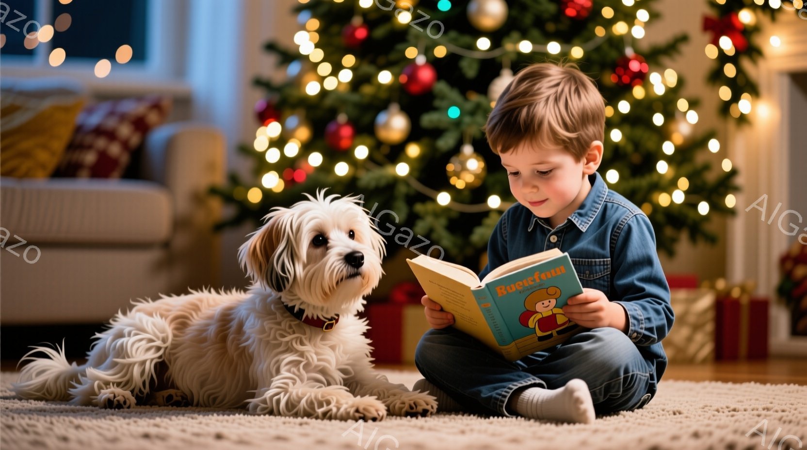 茶色と白の毛並みを持つ犬が、カーペットの上に座っている少年を見つめています。少年はデニムのシャツを着て、膝を抱えながら本を読んでおり、真剣な表情をしています。背景には、クリスマスツリーが飾られ、温かく - AI生成フリー素材