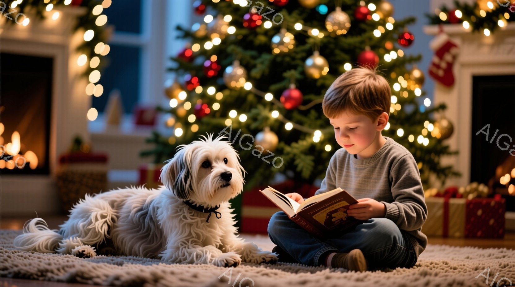 少年は、柔らかいカーキ色のセーターと濃い色のズボンを身に着け、床に座って本を読んでいます。彼の隣には、白と茶色の毛並みの犬がリラックスして横たわっており、暖炉とクリスマスツリーが背景にあります。全体的に、温かく居心地の良い、クリスマスの雰囲気の室内シーンです。