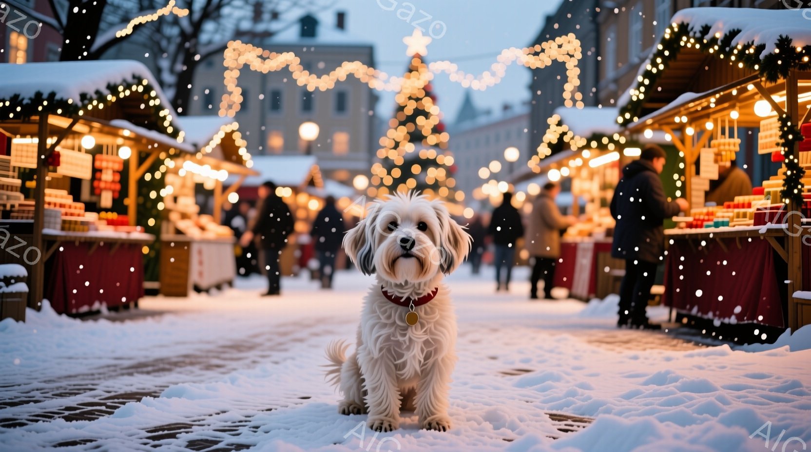 白い毛並みの小型犬が雪に覆われた石畳の道に座っています。背景にはクリスマスマーケットのような賑やかな風景が広がり、多くの人々が暖かな光に包まれた露店の間を歩いています。雪が舞い降りる冬の夜の、温かく幻 - AI生成フリー素材