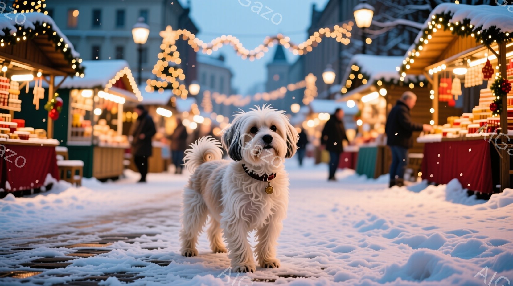 白い毛並みの小型犬が雪に覆われた石畳の道で正面を向いて立っている。背景にはクリスマスの飾り付けが施された屋台が並び、人々が歩いているのがぼんやりと見える。雪が舞い散る冬のクリスマスマーケットの、暖かく - AI生成フリー素材