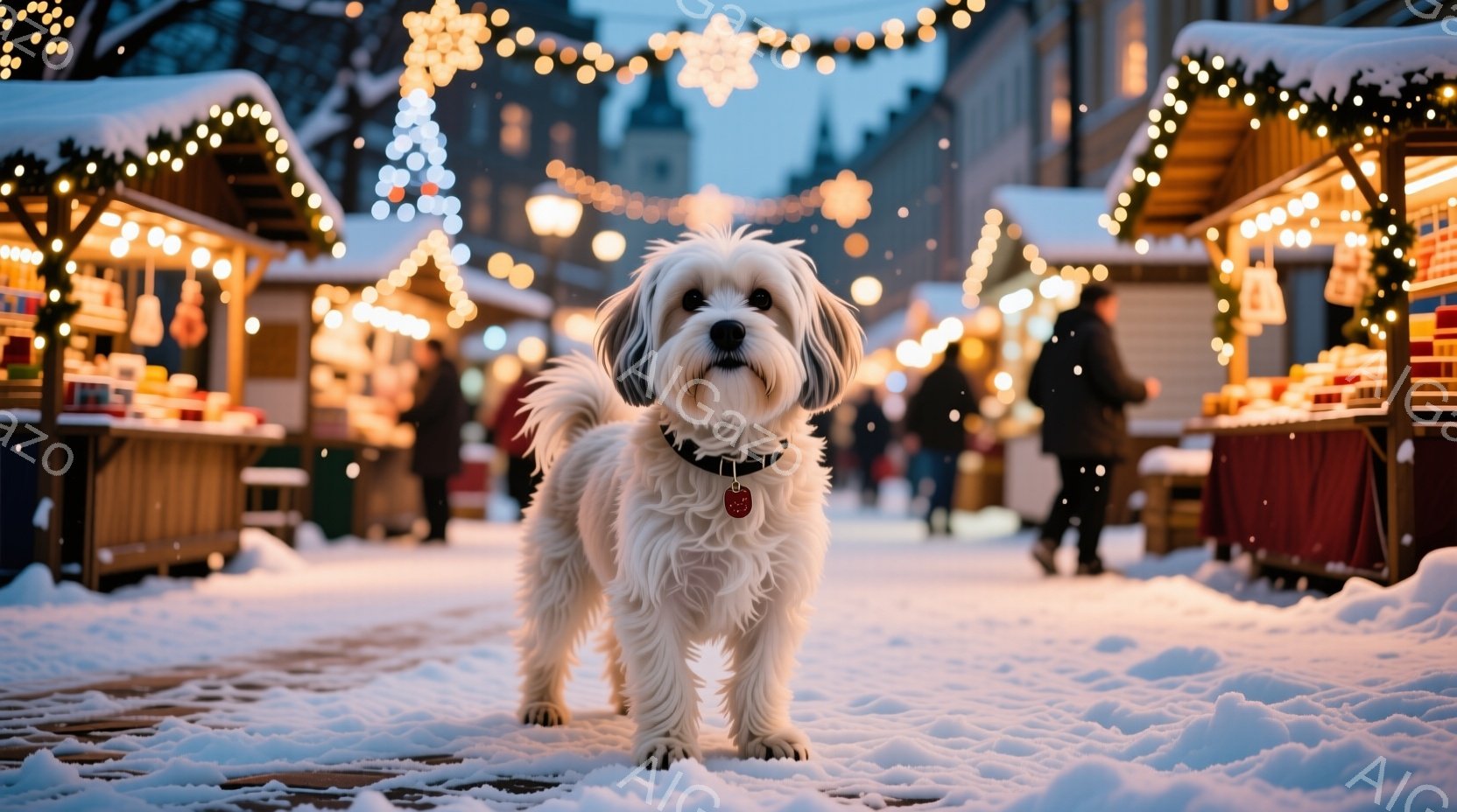 白くてふわふわした犬が雪に覆われた市場の正面に立っている。犬は赤い首輪をつけており、まっすぐ前を見つめ、少し好奇心旺盛な表情をしている。背景には、クリスマスの飾り付けが施された屋台が並び、ぼんやりとした光の中で人々が歩いている様子がうかがえ、冬の暖かいお祭りの雰囲気が漂っている。
