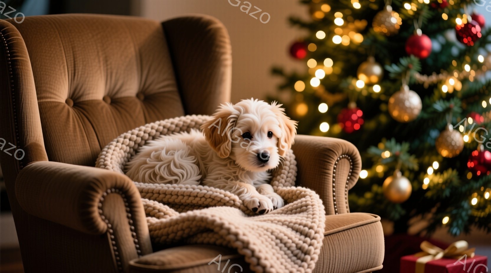 暖炉のそばにある柔らかいキャメル色の肘掛け椅子に、ふわふわのクリーム色の犬が丸まって座っています。犬は落ち着いた表情で、暖かい編み物のブランケットに包まれています。背景には、キラキラと輝くオーナメント - AI生成フリー素材