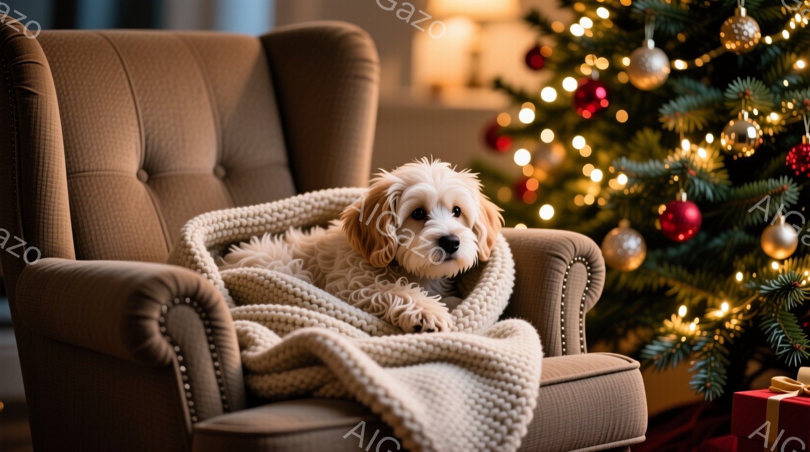 ふわふわのクリーム色の犬が、背もたれの高い茶色の椅子に丸まって座っており、体に柔らかいベージュの毛布をかけている。背景にはクリスマスツリーが飾られており、温かい光が灯っていて、その下には赤いリボンがつ - AI生成フリー素材