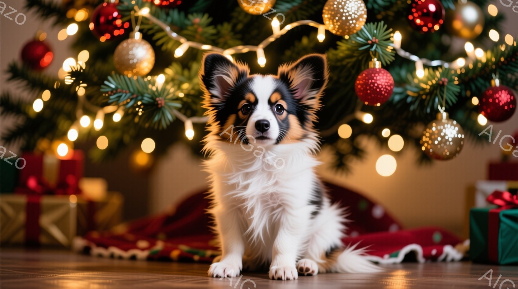 白と黒の毛並みで愛らしいチワワの子犬が、赤い布の上に座って正面を見ています。背景にはクリスマスツリーが飾られ、温かい光で照らされています。全体的に暖かく、お祝いムードに満ちた雰囲気です。