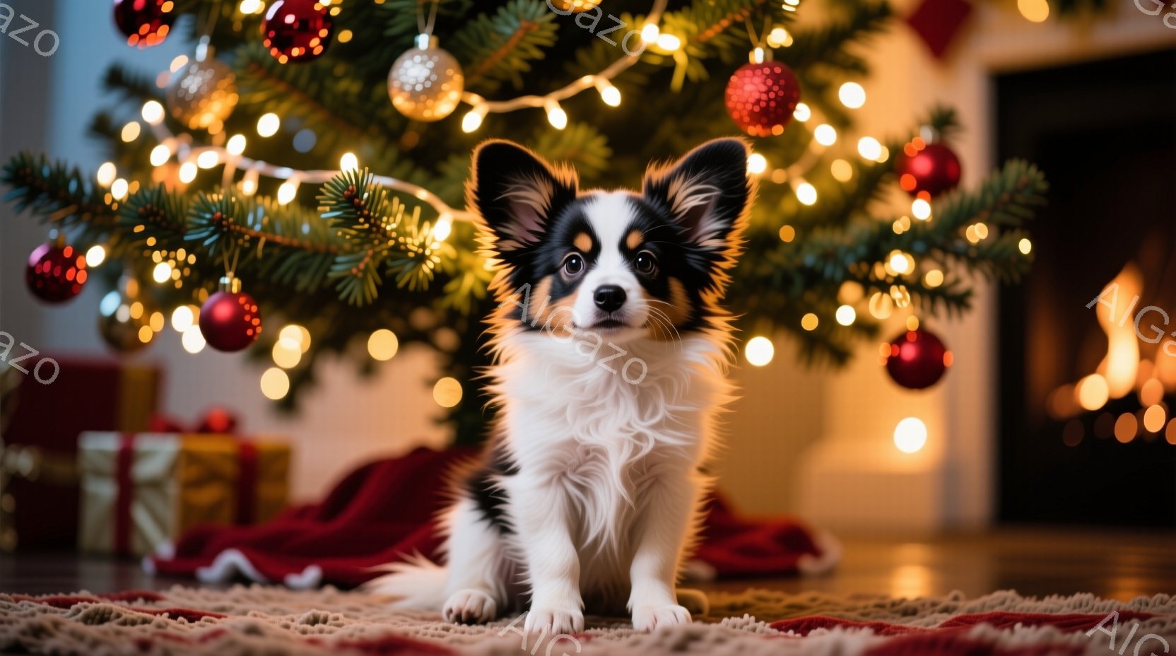 白と黒の毛並みを持つ小さな子犬が、クリスマスツリーの前で座っています。子犬は正面を見ており、少し警戒したような、あるいは好奇心旺盛な表情をしています。背景には、飾り付けられたクリスマスツリーとプレゼン - AI生成フリー素材