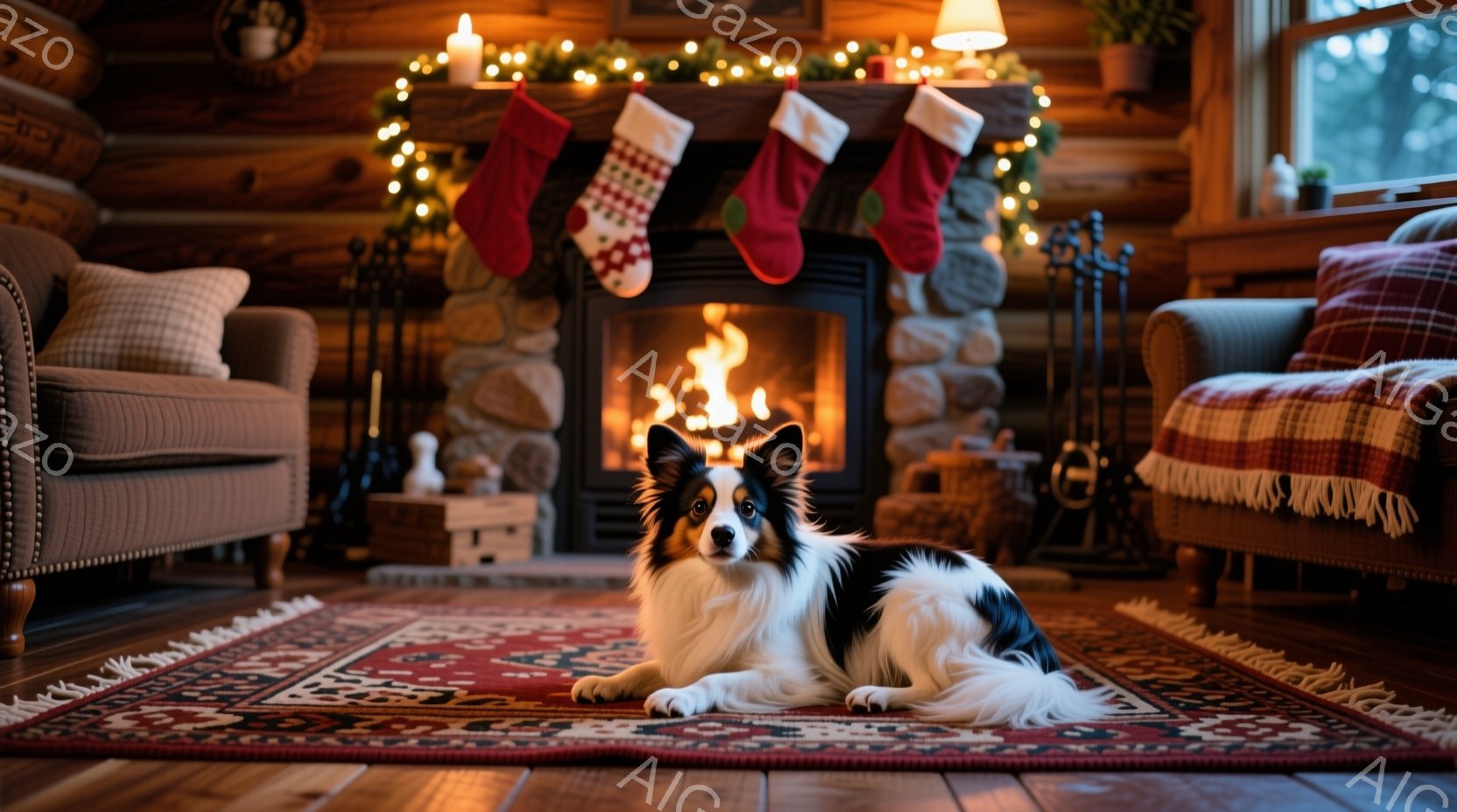 暖炉の前で、黒と白のボーダーコリーが赤いペルシャ絨毯の上に横たわっています。背景には、クリスマスソックスが飾られた石造りの暖炉と、木製の壁と家具が見え、温かく居心地の良い雰囲気です。 暖炉の火が暖かく - AI生成フリー素材