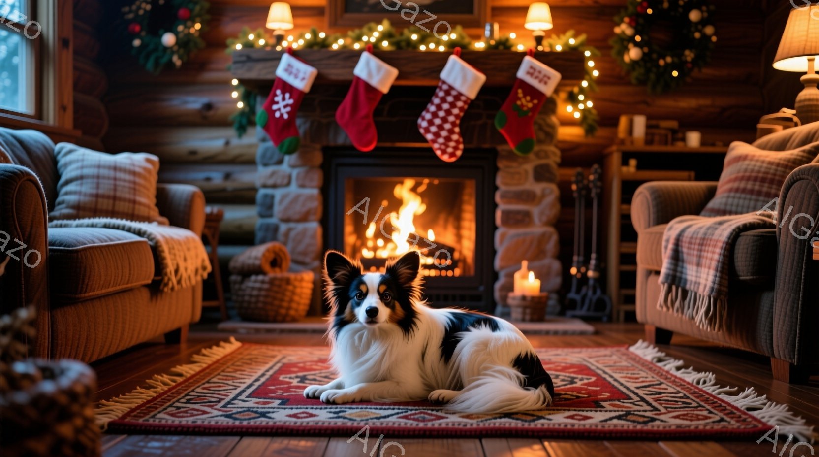 暖炉の前には、白と黒の毛並みを持つコリー犬が赤い絨毯の上でリラックスして横たわっています。背景には、クリスマスらしい装飾が施された暖炉があり、赤いストッキングが吊るされています。室内の木製の壁と家具、 - AI生成フリー素材
