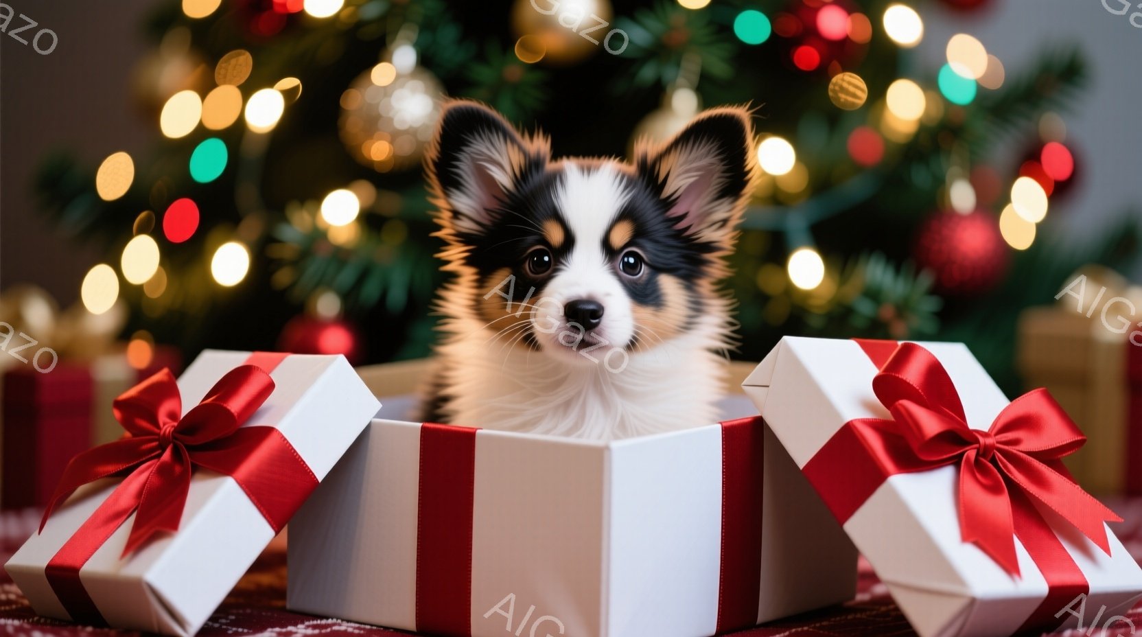白い毛並みと茶色の斑点を持つ、可愛らしい子犬が赤いリボンで飾られた白いギフトボックスの中に座っています。子犬は前をまっすぐ見て、好奇心とわずかな驚きに満ちた表情をしています。背景には、ぼやけたクリスマ - AI生成フリー素材