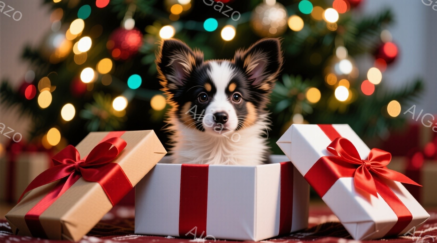 白と茶色の毛並みを持つ子犬が、赤いリボンのかかった白いギフトボックスから顔を出しています。周囲には同じくリボンのかかったギフトボックスが置かれ、背景にはぼやけたクリスマスツリーの光が輝いています。全体 - AI生成フリー素材