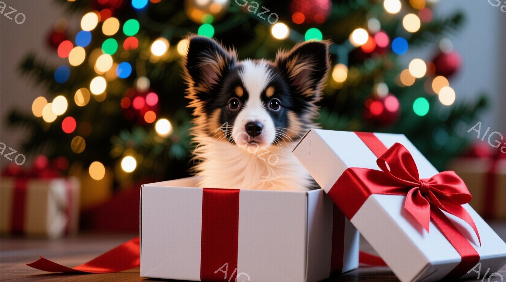 白いギフトボックスにふわふわの茶色と白の毛並みの犬が入っており、可愛らしい表情でこちらを見ている。ボックスは赤いリボンで飾られており、背景にはぼやけたクリスマスツリーの光が輝いている。全体的に暖かく、 - AI生成フリー素材