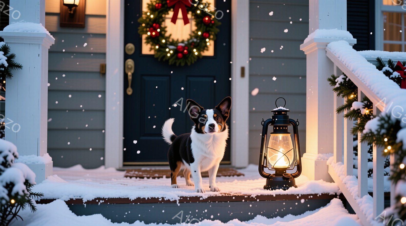 白と黒の毛並みを持つコーギー犬が、雪に覆われた家の玄関前に立っている。クリスマスのリースが飾られた玄関ドアと、点灯したランタンが暖かく優しい雰囲気を醸し出しており、雪が舞う冬の夜を思わせる。全体的に、 - AI生成フリー素材