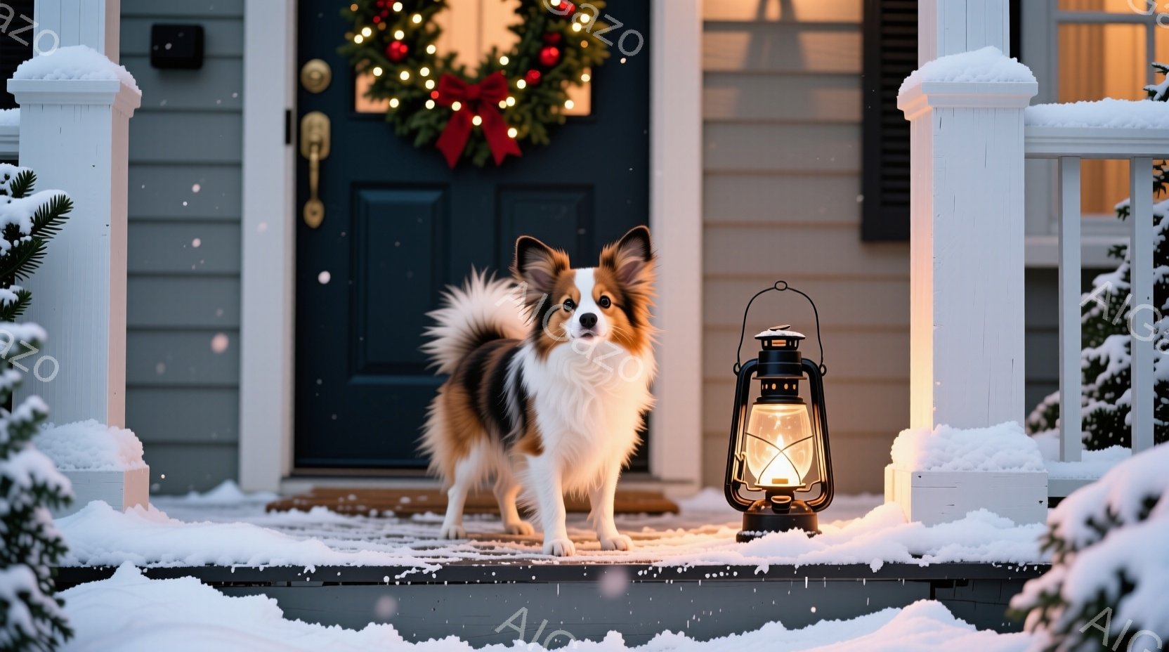 白と茶色の毛並みを持つ、愛らしい柴犬が雪に覆われた家の玄関先に立っている。正面にはクリスマスリースが飾られた黒いドアがあり、背後には雪が積もった柱が並び、温かい光を放つランタンが犬の隣に置かれている。全体的に、暖かく穏やかな冬の雰囲気を感じさせる写真である。