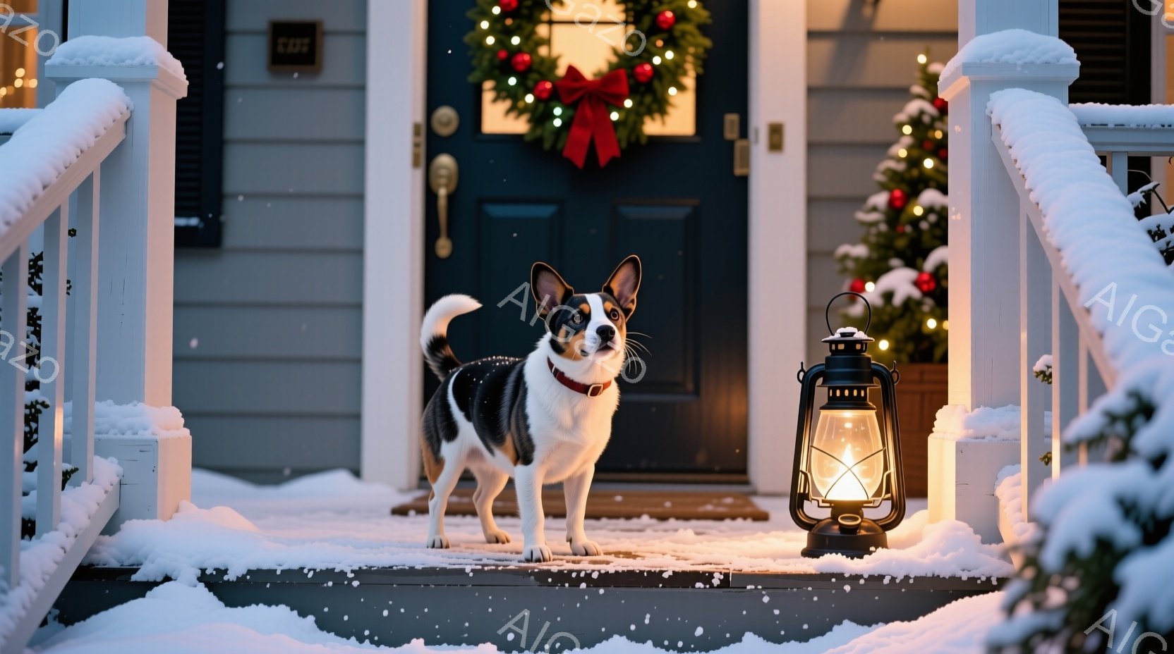 白い雪が降り積もった家の階段に、黒と白の毛並みを持つ犬が立っている。犬は赤い首輪をつけ、前方をまっすぐ見つめており、どこか警戒心と好奇心が入り混じった表情をしている。背景にはクリスマスリースが飾られた - AI生成フリー素材