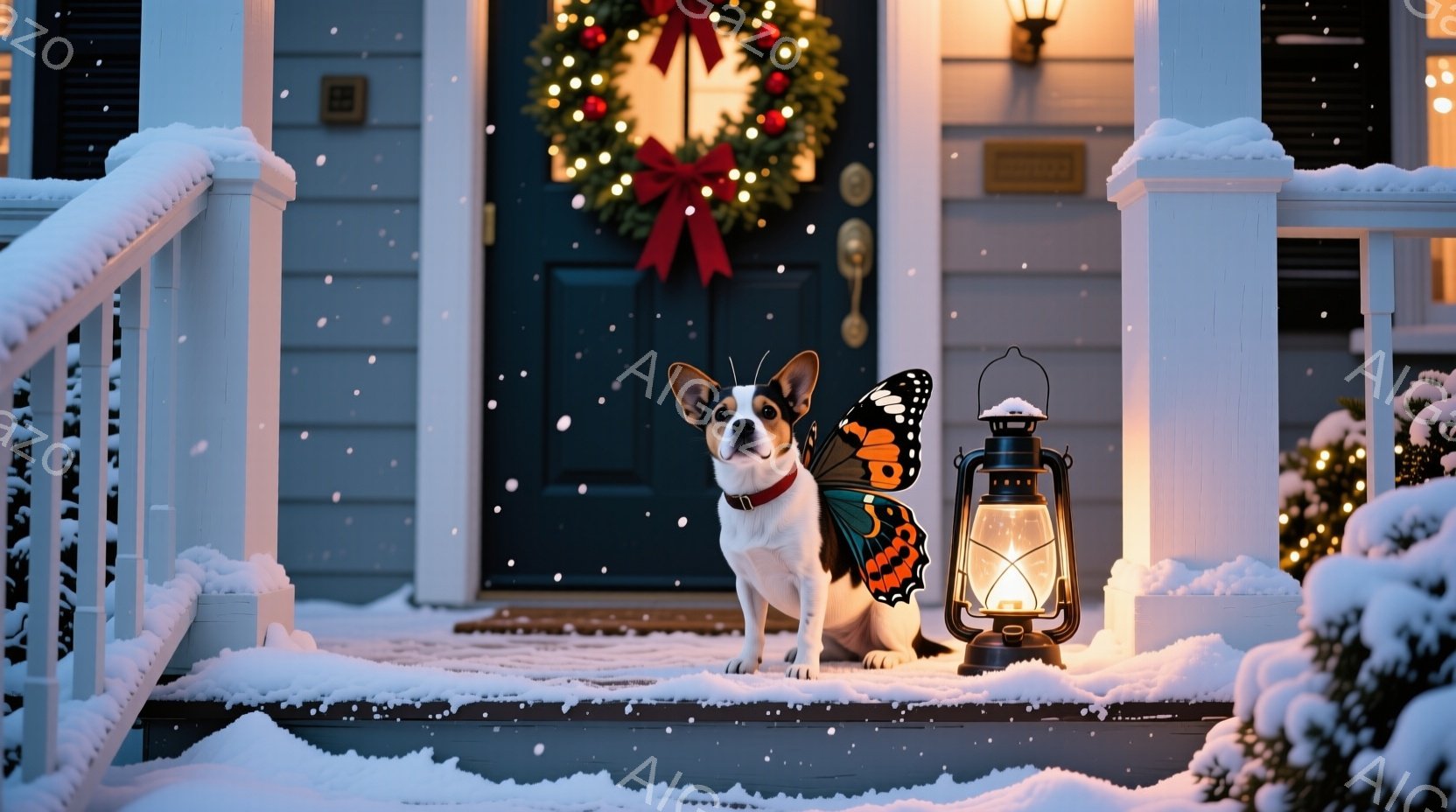 白いボディに黒い斑点のある犬が、クリスマスの飾り付けがされた玄関の階段に座って正面を見ています。犬は蝶の羽のようなアクセサリーを装着しており、その周りには雪が積もっています。背景には、装飾された玄関ド - AI生成フリー素材