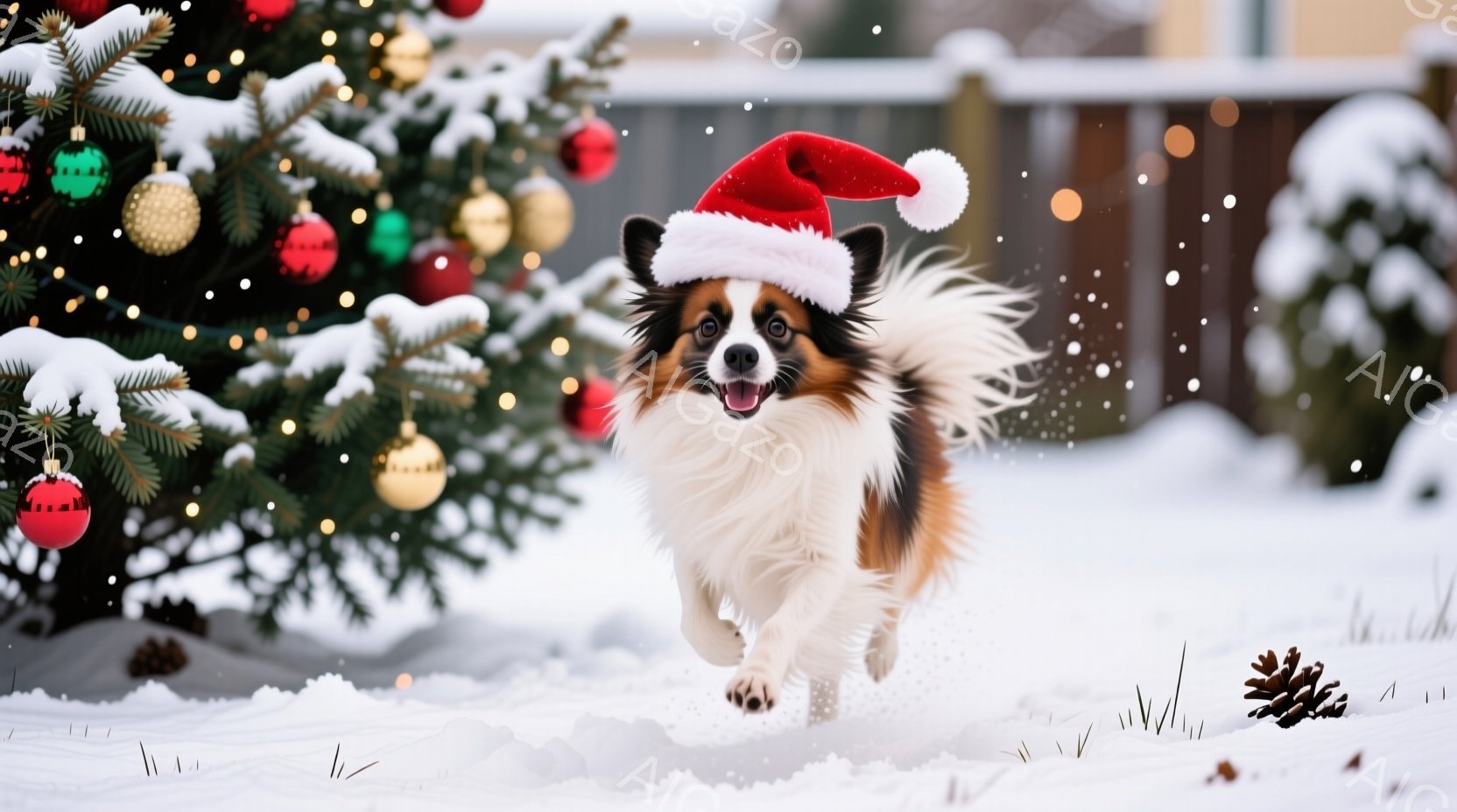 白と茶色の毛並みをした犬が、赤いサンタ帽をかぶり、雪の中を駆け抜けています。背景にはクリスマスツリーが飾られており、雪が舞う冬の風景が広がっています。犬は嬉しそうな表情で、活気あふれるクリスマスの雰囲 - AI生成フリー素材