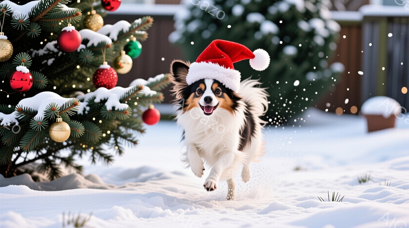 雪景色の中、サンタの帽子をかぶった犬が走っている。背景にはクリスマスツリーが飾られており、雪が舞い散る冬の暖かく楽しい雰囲気が漂っている。犬は嬉しそうに前を見据え、躍動感あふれる姿が印象的だ。 - AI生成フリー素材