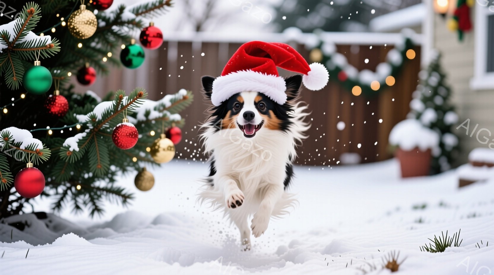 白と黒の毛並みを持つ犬が、赤いサンタ帽をかぶり、雪の上を勢いよく駆けている。背景にはクリスマスツリーが飾られ、雪が舞う冬の景色が広がっており、犬は嬉しそうな表情で飛び跳ねている。全体的に暖かく、楽しい - AI生成フリー素材