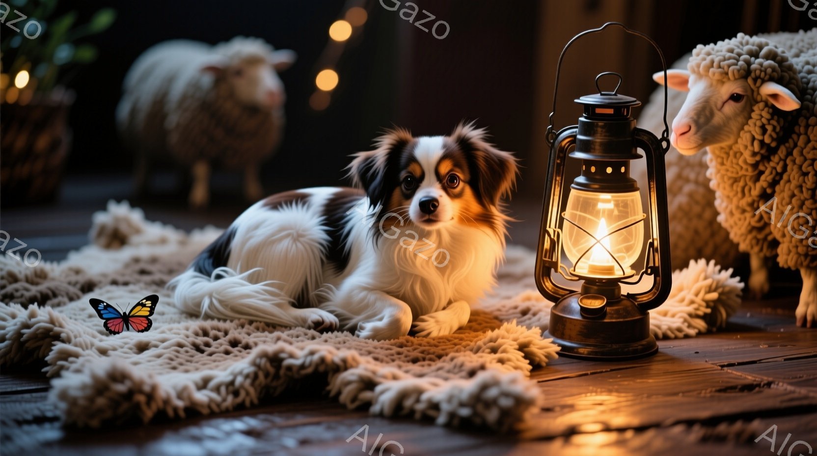 白と黒の毛並みを持つ小型犬が、ふわふわの白いラグの上に横たわっています。背後には、可愛らしい羊のぬいぐるみと、温かい光を放つオイルランプがあり、柔らかく幻想的な雰囲気を醸し出しています。木製の床と背景の暗さから、静かで落ち着いた夜の情景が想像されます。