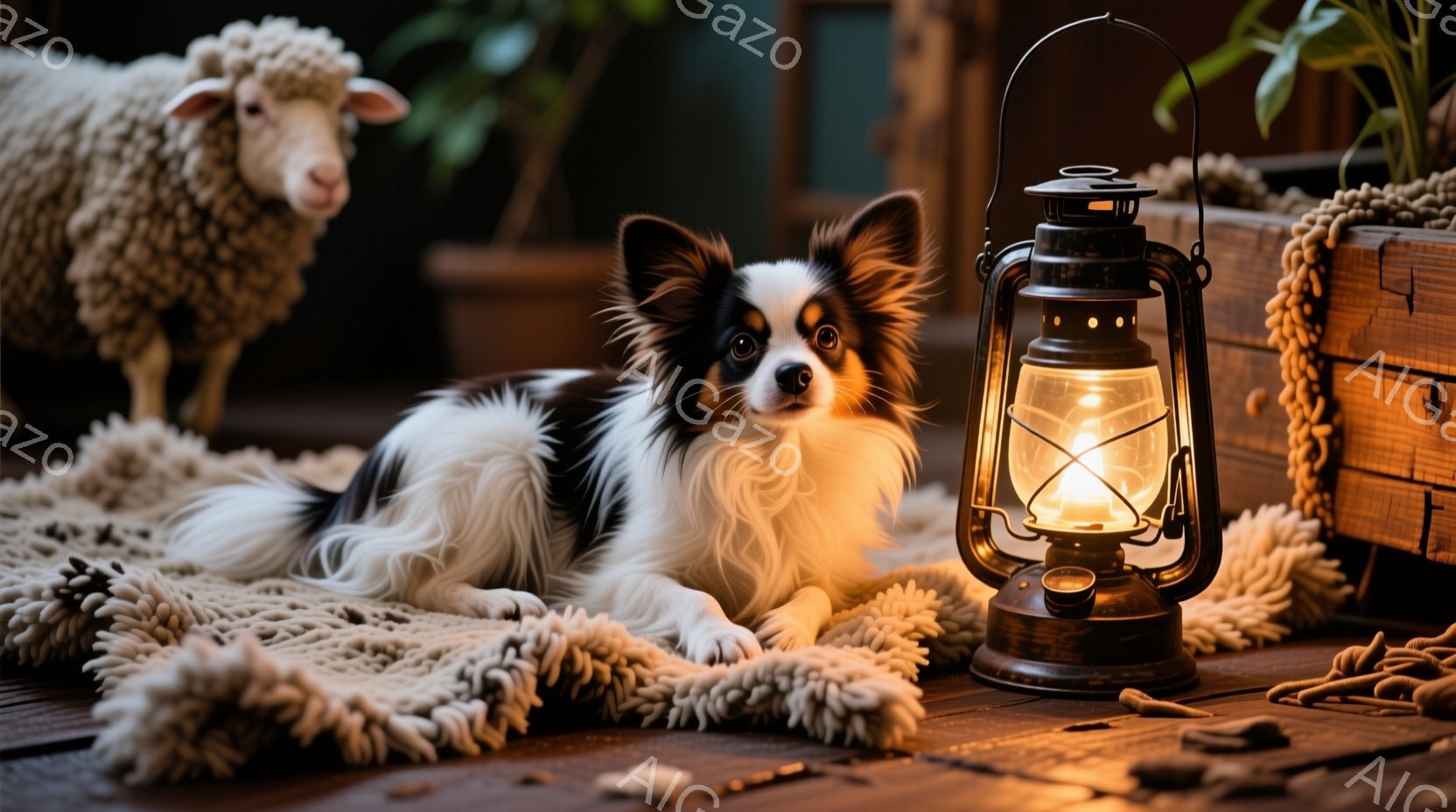白と黒の毛並みを持つチワワが、クリーム色のざっくりとした編み物の敷物の上で横たわっています。背後には、羊のぬいぐるみと木の箱があり、テーブルの上に犬のおやつが散らばっています。温かい光を放つランタンが - AI生成フリー素材