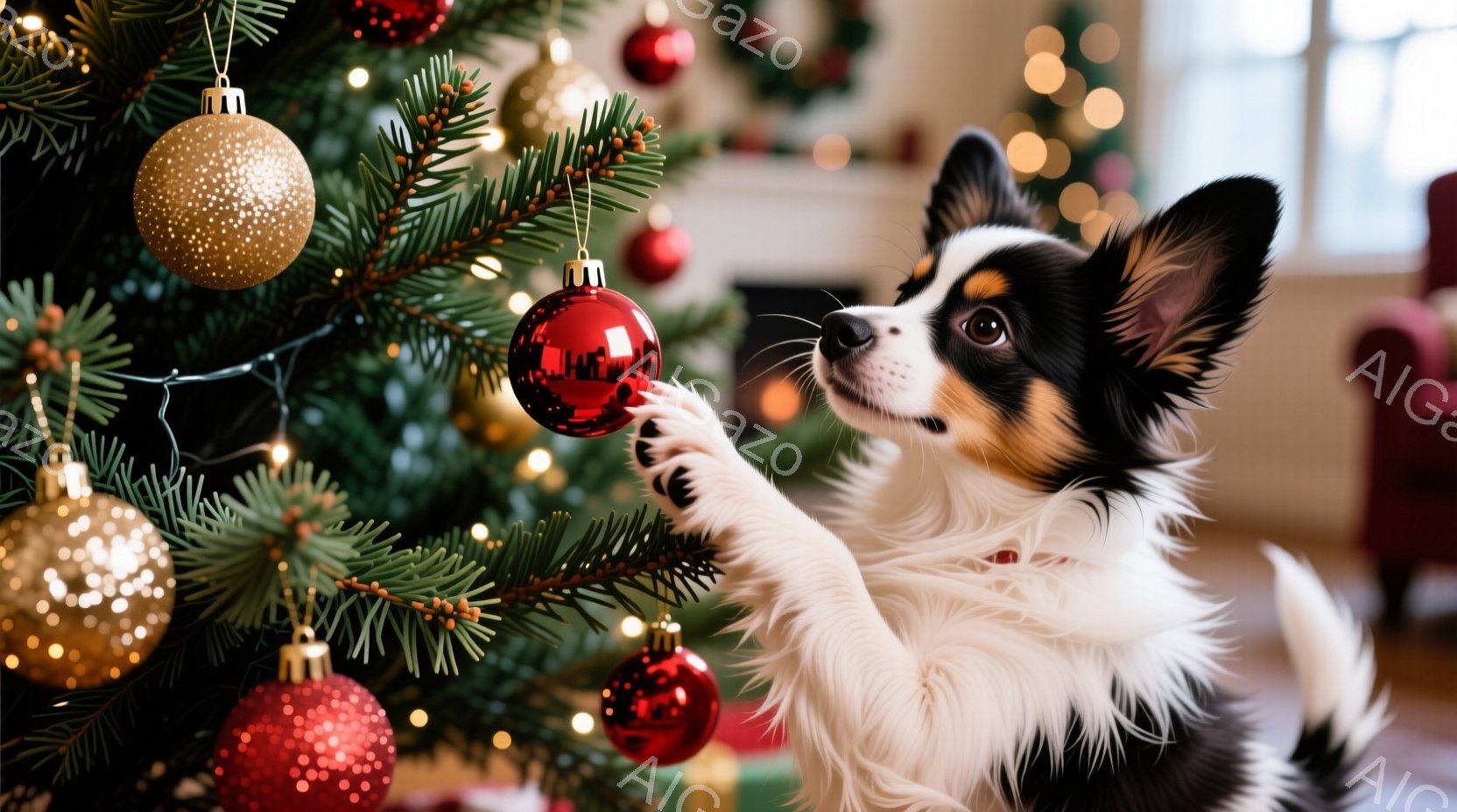 白と黒の毛並みで、茶色の斑点が入った子犬がクリスマスツリーの飾りを前足で触ろうとしています。飾りは赤や金色のボール型で、緑色の針葉樹の枝にぶら下がっています。背景にはぼんやりと赤色のソファが見え、暖かく華やかなクリスマスの雰囲気が漂っています。