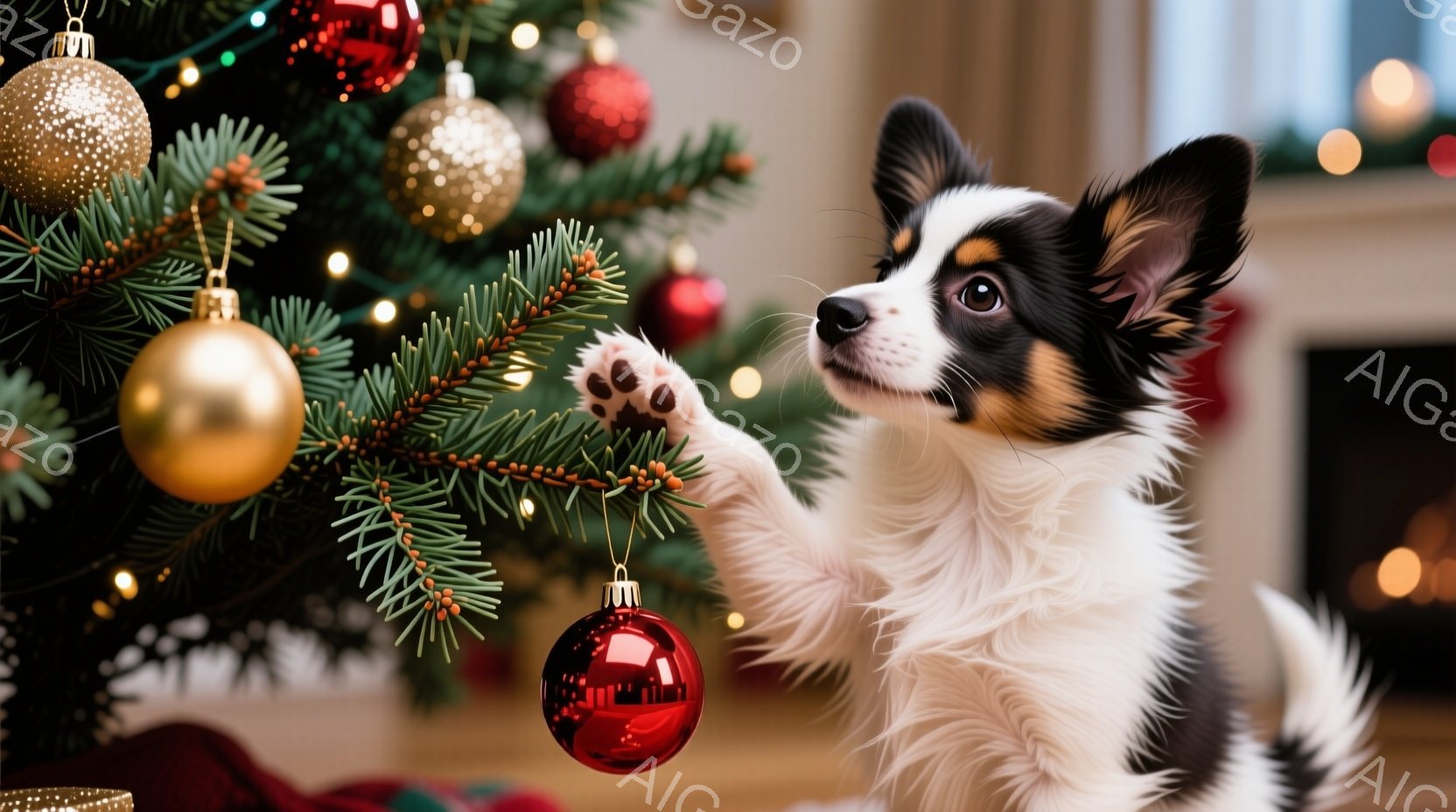 白と黒の毛並みの小さな子犬が、クリスマスツリーの飾りを前足で軽く叩こうとしています。背景には、赤や金色のオーナメントで飾られた緑のクリスマスツリーがあり、暖かい光が灯っています。全体的に、可愛らしく、 - AI生成フリー素材