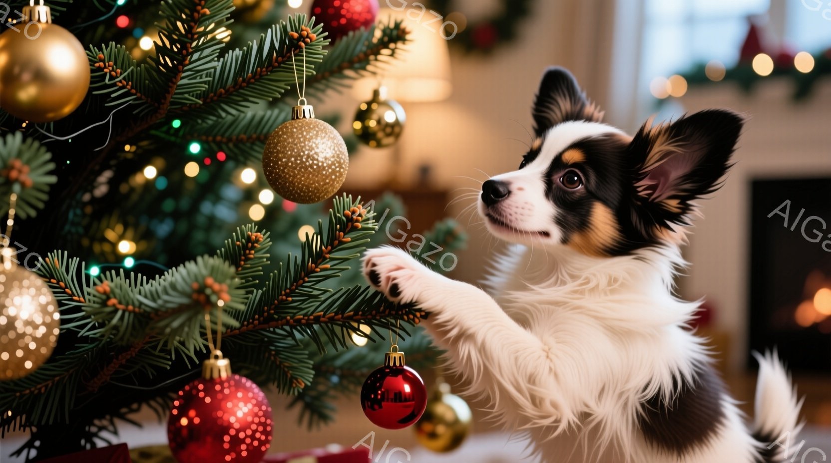 クリスマスツリーの枝に小さな白い犬が前足を伸ばして触れようとしています。犬は白と茶色の毛並みで、好奇心と遊び心に満ちた表情をしています。背景には、ぼやけたクリスマスツリーの飾りと暖炉の光が見え、温かく - AI生成フリー素材