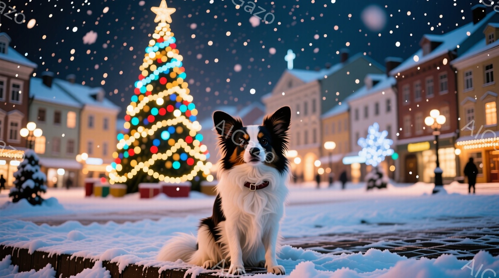 白と黒のボーダーコリーが、雪に覆われた広場の縁に座ってこちらを見つめています。背景には、クリスマスツリーが輝き、周りの建物もイルミネーションで飾られ、雪が舞う冬の夜の様子が広がっています。温かく、お祝 - AI生成フリー素材