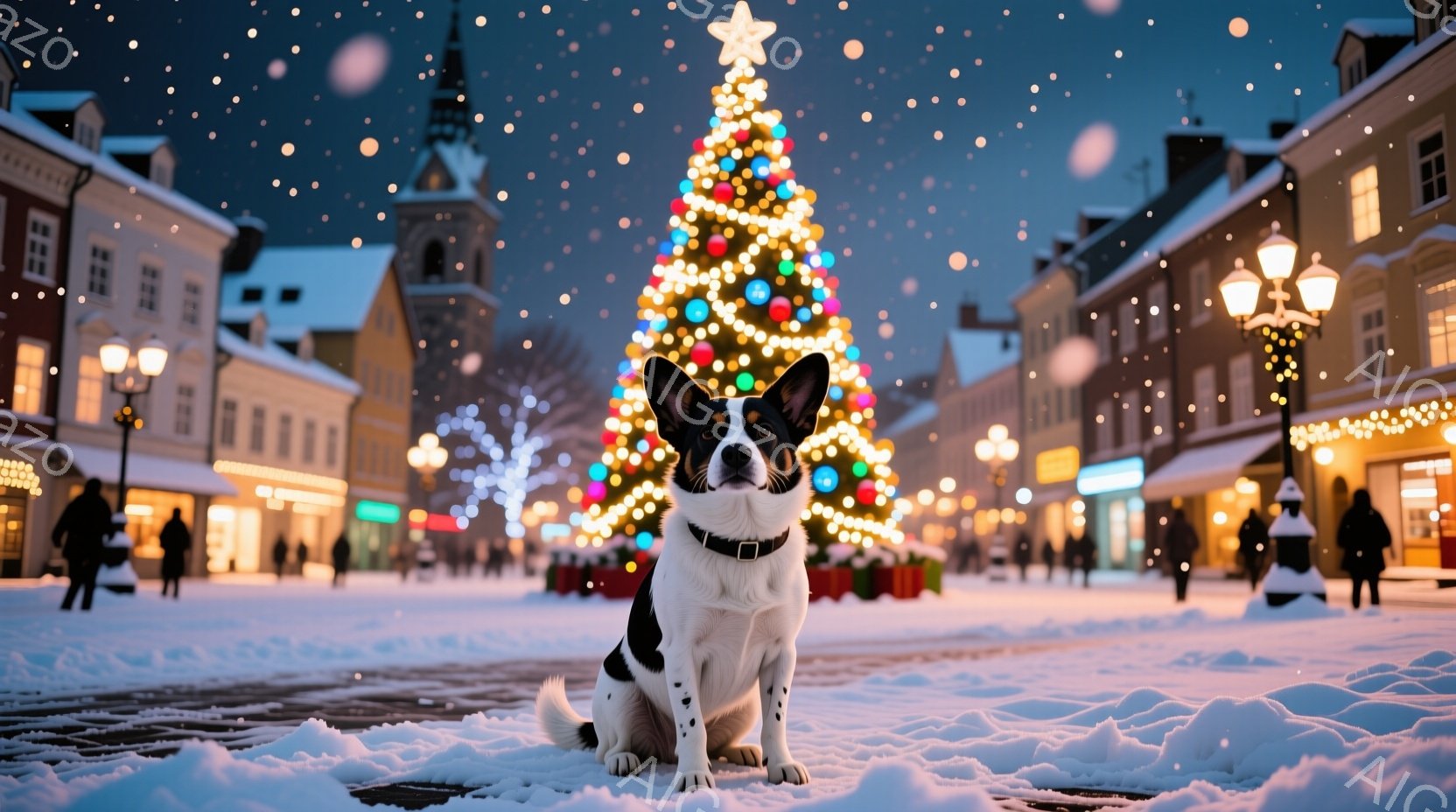 白黒のボーダーコリーが雪に覆われた広場の前に座っており、正面をまっすぐ見ています。背景にはクリスマスツリーが輝き、遠くにはライトアップされた建物が並び、雪が静かに降り積もっています。全体的に温かく、お - AI生成フリー素材