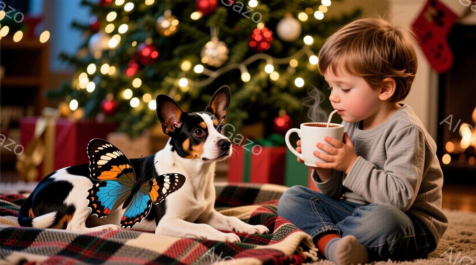 少年はチェック柄の敷物の上で座り、ホットドリンクを飲むためにストローを使ってカップを持っています。そばには、背中に青い蝶が描かれた小さな犬が寄り添っています。背景には、輝くライトとプレゼントで飾られたクリスマスツリーがあり、暖炉の火が見える、暖かく居心地の良い雰囲気の室内です。