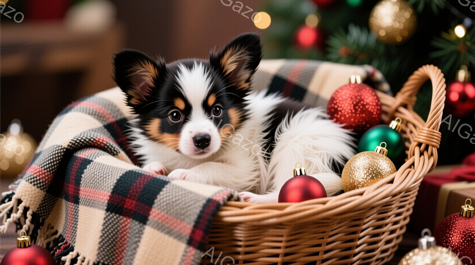 白と茶色の毛並みの小さな子犬が、チェック柄のブランケットが敷かれた籐のバスケットの中に丸まって眠っています。背景には、クリスマスツリーの緑と赤いオーナメントが散りばめられ、ホリデーシーズンらしい温かくお祝いの雰囲気です。子犬の表情は穏やかで、リラックスした様子が伝わってきます。