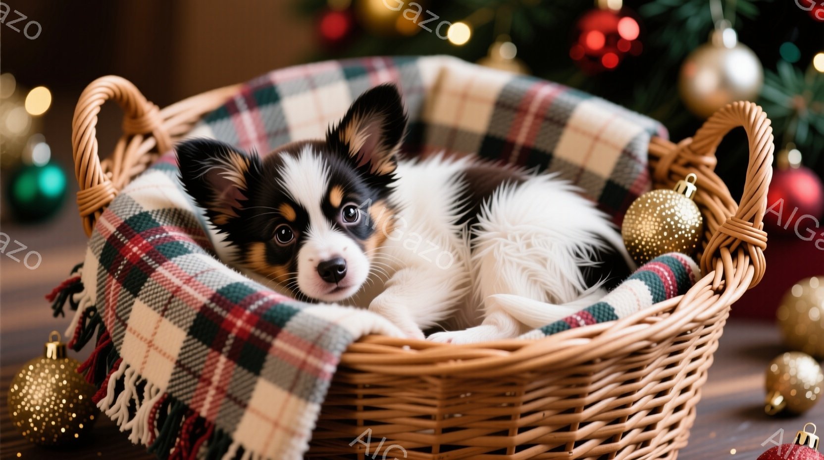 白と茶色の毛並みを持つ子犬が、格子柄のブランケットが敷かれた編み込みのバスケットの中に丸まって眠っています。背景にはぼやけたクリスマスツリーと装飾が映り、温かくお祝いの雰囲気を醸し出しています。子犬の - AI生成フリー素材