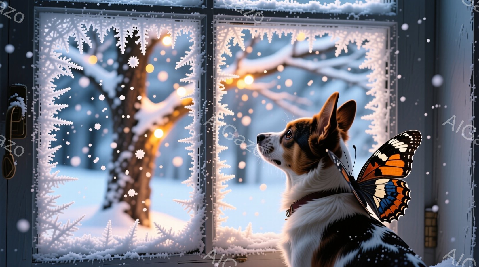霜で覆われた窓枠の中に、茶色と白のコーギーが写っています。その鼻先には、鮮やかなオレンジと黒の蝶がとまり、見上げるような優しい表情をしています。背景には雪景色が広がり、ぼんやりと光る木々が冬の静寂を際 - AI生成フリー素材