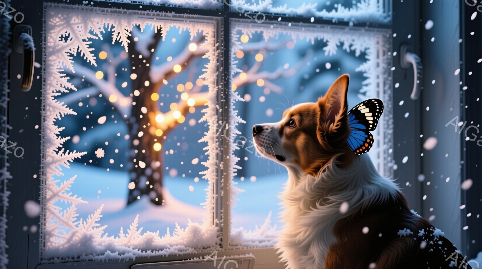 白い毛並みと茶色の斑点を持つ犬が、雪景色を眺めています。窓枠には雪の結晶が描かれ、背景にはぼやけた冬の森と輝く光が広がっています。穏やかで少し物憂げな雰囲気で、冬の静寂と犬の優しい表情が印象的です。 - AI生成フリー素材