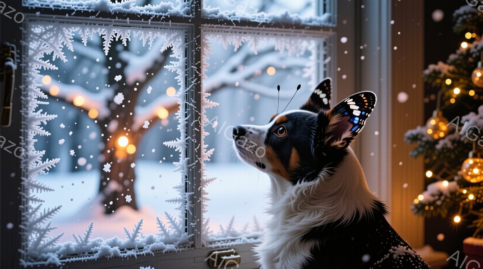 冬の景色を眺めるボーダーコリーが写っている。窓には雪の結晶模様が描かれ、外は雪景色で、ぼんやりと灯りが灯った木々が見える。室内にはクリスマスツリーが飾られており、暖かく穏やかな雰囲気が漂っている。 - AI生成フリー素材