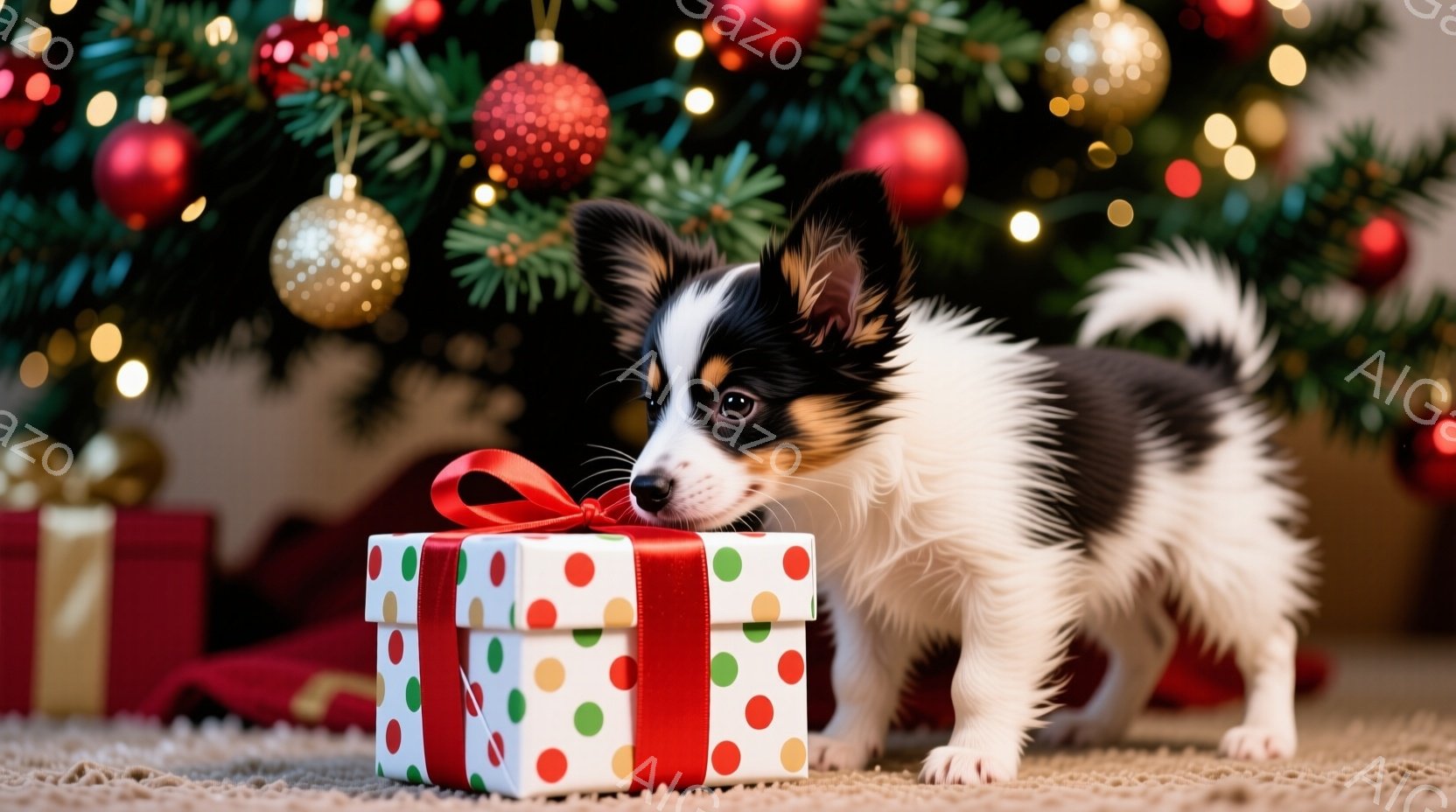 白と黒の毛並みの小さな子犬が、赤いリボンのかかった水玉模様のプレゼントボックスに鼻を近づけています。背景には、クリスマスツリーの緑の葉と赤いオーナメントがぼやけて写り、暖かく華やかな雰囲気を醸し出して - AI生成フリー素材