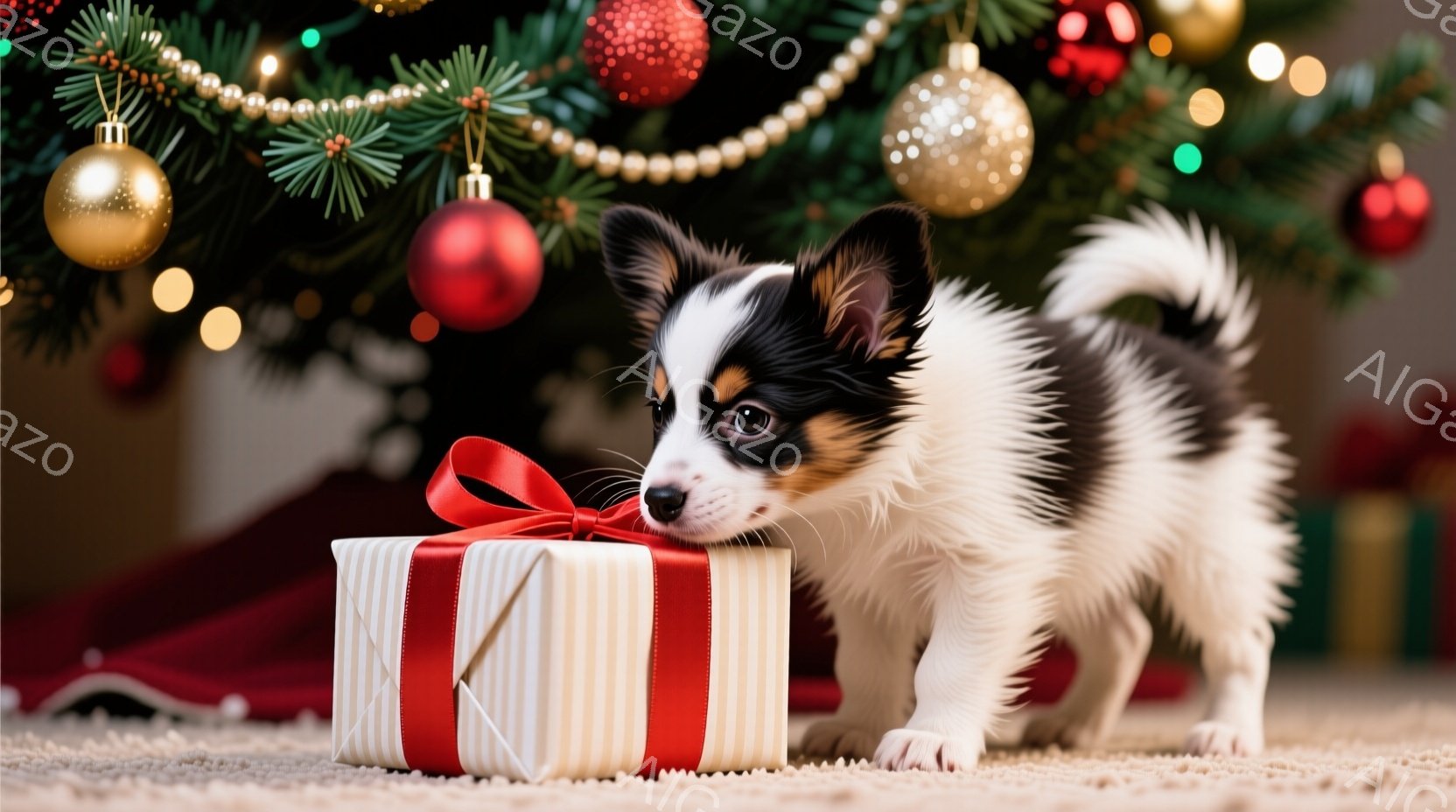白と黒の毛並みの小さな子犬が、赤いリボンで結ばれたプレゼントの箱の前にいます。子犬は鼻を箱に近づけ、興味津々で匂いを嗅いでいるようです。背景には、クリスマスツリーの緑の葉や赤いオーナメントが飾られてお - AI生成フリー素材