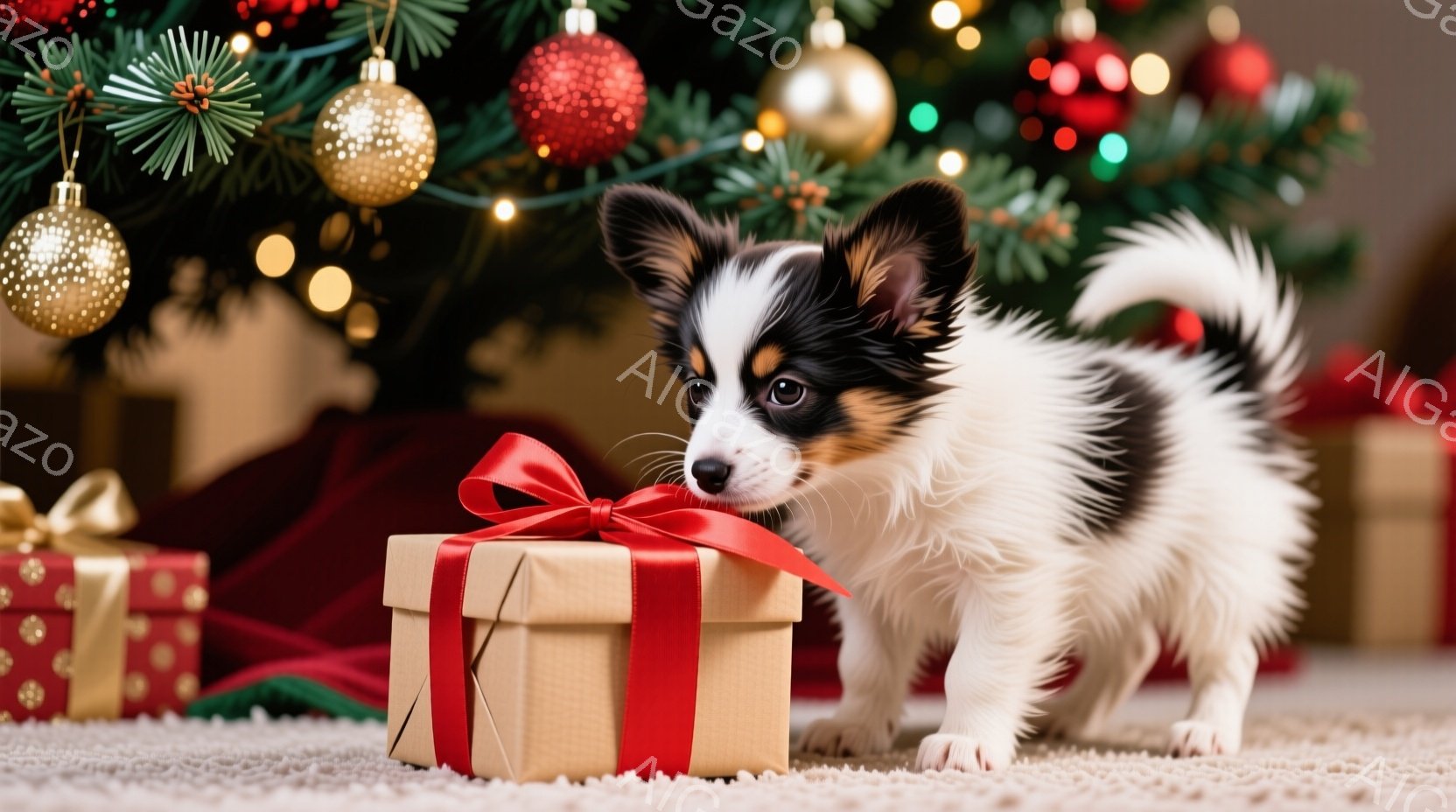 白と茶色のパピーが、赤いリボンで結ばれたベージュ色のプレゼントボックスの前に立っています。背景にはクリスマスツリーが飾られ、キラキラと輝くオーナメントとライトが暖かく、お祝いの雰囲気を醸し出しています - AI生成フリー素材